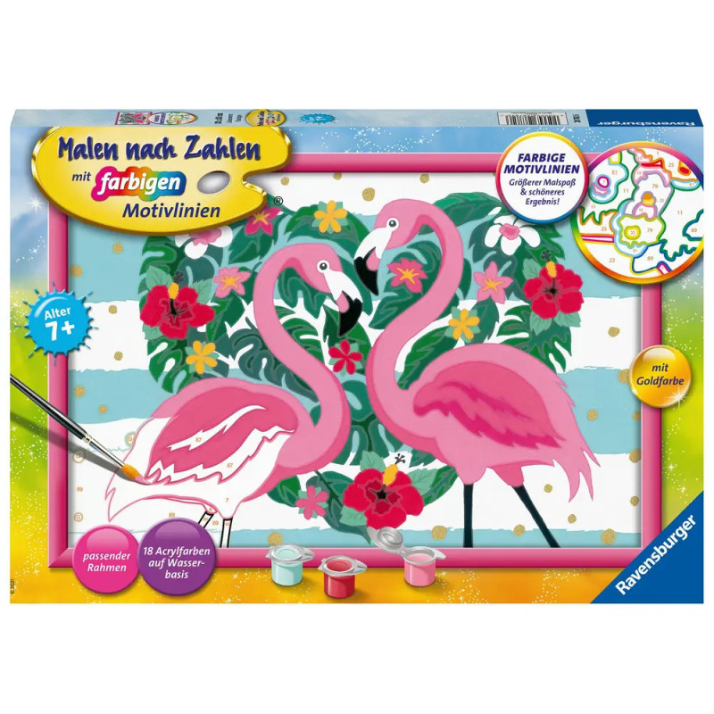 Malset-Box mit zwei rosa Flamingos, Farbtöpfchen und buntem Hintergrund. Malset-Box mit zwei rosa Flamingos, Farbtöpfchen und buntem Hintergrund.