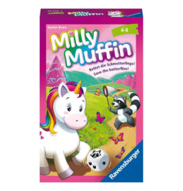 Bunte Spieleschachtel Milly Muffin mit Einhorn, Waschbär, Schmetterlingen und Würfeln.