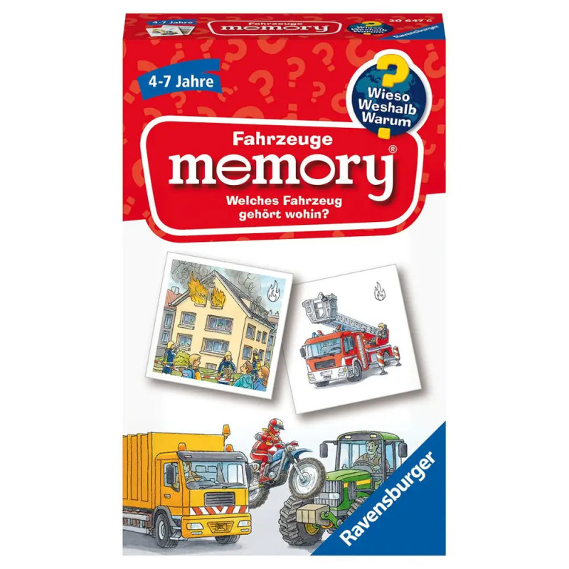 Rotes Ravensburger Memory-Spiel mit Fahrzeugmotiven, geeignet für Kinder von 4 bis 7 Jahren.