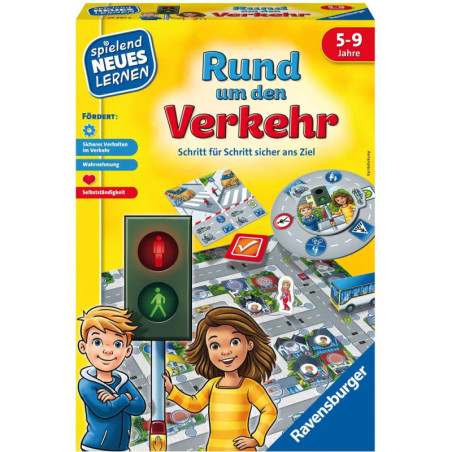 Spielschachtel Rund um den Verkehr mit Verkehrssymbolen und zwei Cartoonkindern an einer Ampel.