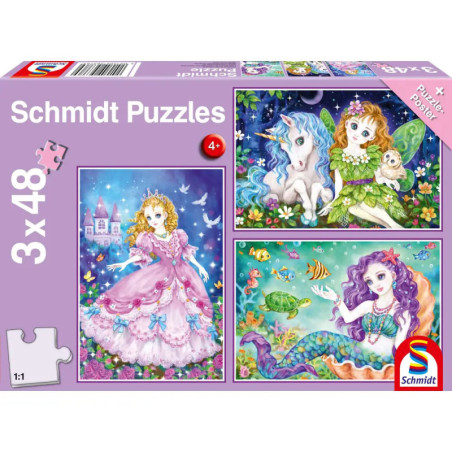 Schmidt Spiele 56376 3x48 Teile Prinzessin, Fee & Meerjungfrau