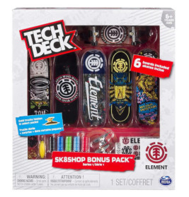 Tech Deck SK8shop Bonus Pack mit 6 Mini-Skateboards, Werkzeug und Ersatzrädern in bunter Verpackung.