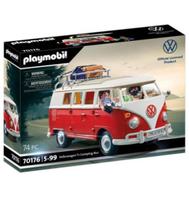Playmobil 70176 VW T1 Camping Bus Spielset-Box mit Abbildung eines rot-weißen Busses und Figuren.