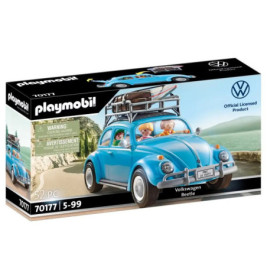 Playmobil-Set: VW Käfer in Blau mit Figuren und Gepäck auf dem Dach, abgebildet auf der Verpackung.