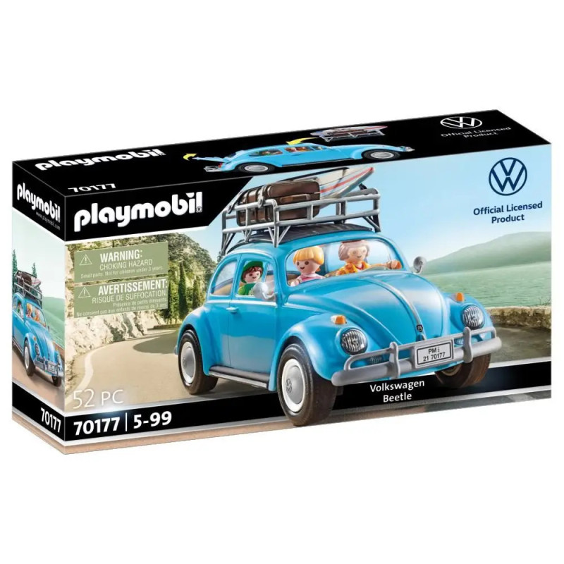 Playmobil-Set: VW Käfer in Blau mit Figuren und Gepäck auf dem Dach, abgebildet auf der Verpackung. Playmobil-Set: VW Käfer in Blau mit Figuren und Gepäck auf dem Dach, abgebildet auf der Verpackung.
