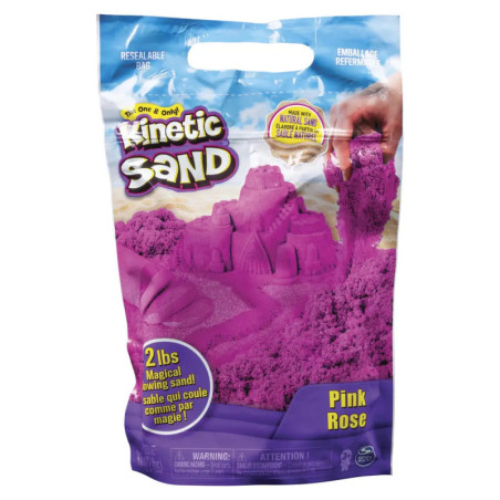 Tüte mit leuchtend pinkem Kinetic Sand, Sandburg-Motiv, Aufschrift: Pink Rose, 2 lbs, magisch fließender Sand.