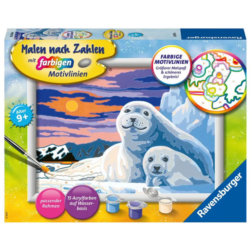 Malset mit Motiv von zwei Robben auf Eis, Farbtöpfchen, Pinsel geeignet für Kinder ab 9 Jahren.