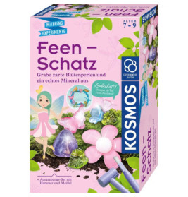 Rosa Kosmos Feen-Schatz Set mit Fee, Edelsteinen, Blumen und Ausgrabungswerkzeug für Kinder von 7-9 Jahren.
