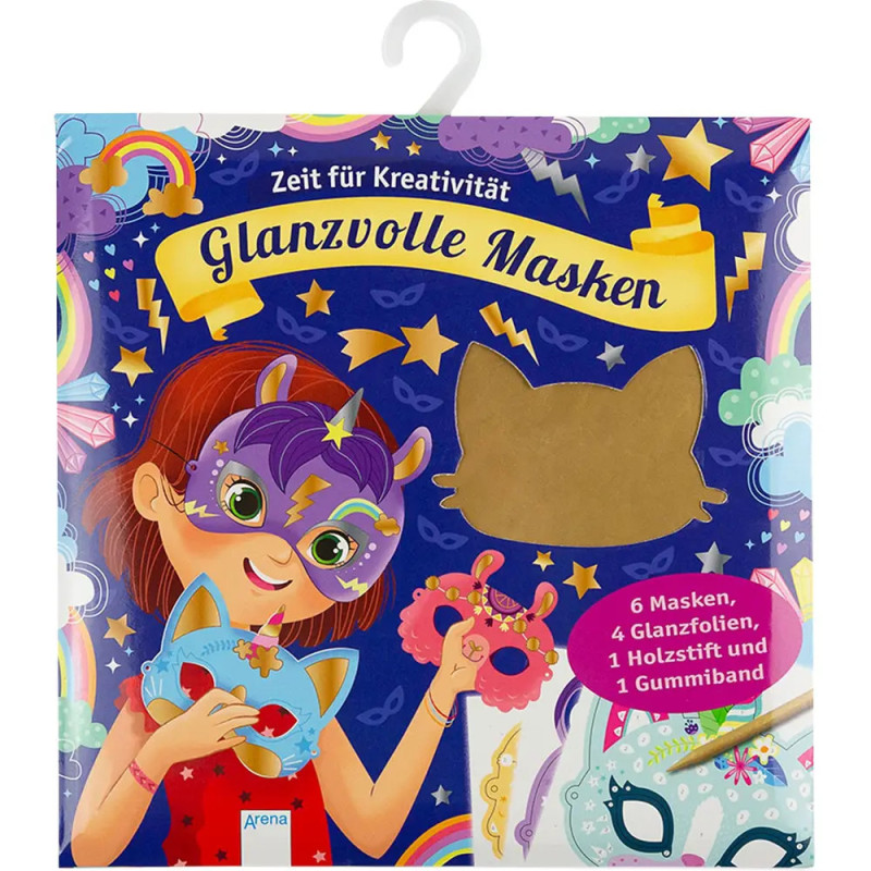 Zeit für Kreativität – Krickel-Kratz-Malbilder – Glanzvolle Masken – 6 Masken, 4 Glanzfolien, ein Holzstift und ein Gu