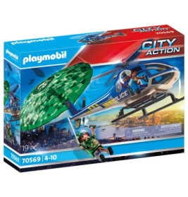 Playmobil City Action Polizeihubschrauber-Set mit Hubschrauber, Pilot und Fallschirmspringer auf der Verpackung.