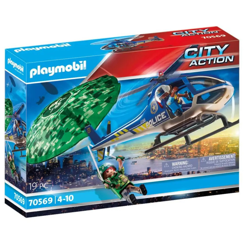Playmobil City Action Polizeihubschrauber-Set mit Hubschrauber, Pilot und Fallschirmspringer auf der Verpackung.