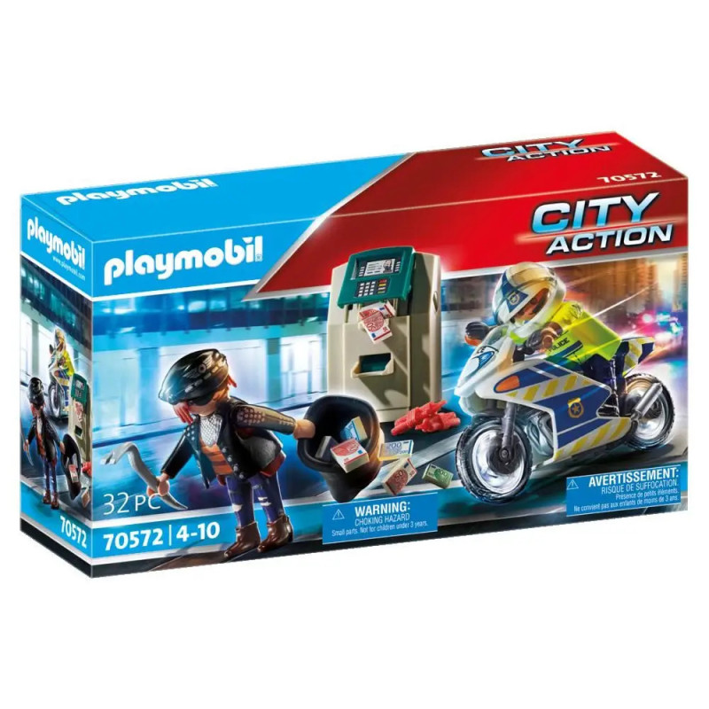 Playmobil City Action: Polizeimotorrad, Geldautomat und Räuberfigur, geeignet für Kinder von 4 bis 10 Jahren. Playmobil City Action: Polizeimotorrad, Geldautomat und Räuberfigur, geeignet für Kinder von 4 bis 10 Jahren.