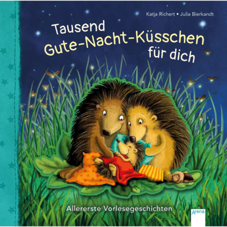 Drei Igel kuscheln auf Gras unter Sternenhimmel, umgeben von türkisfarbener Umrandung mit deutschem Text.