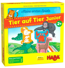 Gelbe HABA-Spielschachtel mit Tierillustrationen und Schriftzug Tier auf Tier Junior, ab 2 Jahren.