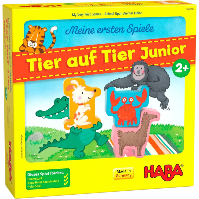 Gelbe HABA-Spielschachtel mit Tierillustrationen und Schriftzug Tier auf Tier Junior, ab 2 Jahren. Gelbe HABA-Spielschachtel mit Tierillustrationen und Schriftzug Tier auf Tier Junior, ab 2 Jahren.