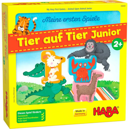 Gelbe HABA-Spielschachtel mit Tierillustrationen und Schriftzug Tier auf Tier Junior, ab 2 Jahren. Gelbe HABA-Spielschachtel mit Tierillustrationen und Schriftzug Tier auf Tier Junior, ab 2 Jahren.