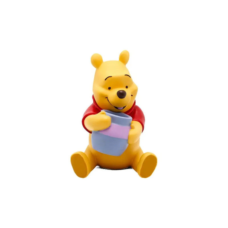 Spielfigur von Winnie Puuh sitzt und lächelt, während er einen blau-lila Honigtopf hält. Spielfigur von Winnie Puuh sitzt und lächelt, während er einen blau-lila Honigtopf hält.