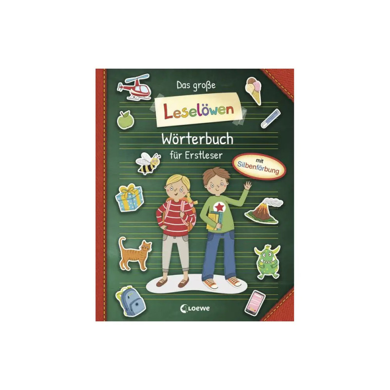 Cover des Leselöwen Wörterbuchs mit zwei Kindern und bunten Illustrationen. Cover des Leselöwen Wörterbuchs mit zwei Kindern und bunten Illustrationen.