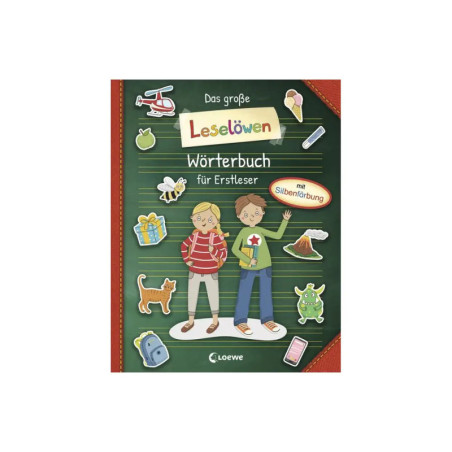 Cover des Leselöwen Wörterbuchs mit zwei Kindern und bunten Illustrationen. Cover des Leselöwen Wörterbuchs mit zwei Kindern und bunten Illustrationen.