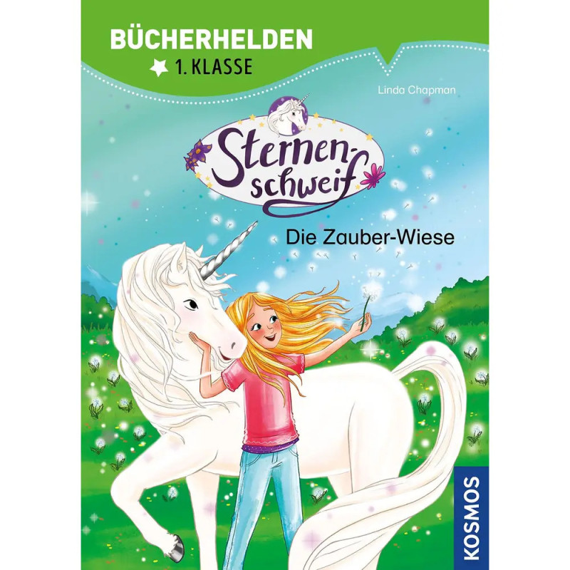 Ein Mädchen umarmt ein lächelndes Einhorn auf einer Wiese unter blauem Himmel, Cover eines deutschen Kinderbuchs.