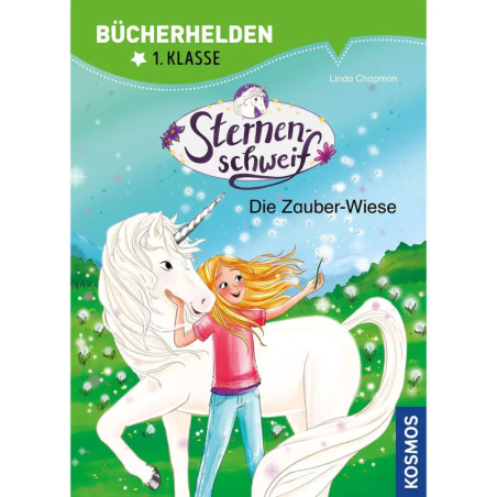 Ein Mädchen umarmt ein lächelndes Einhorn auf einer Wiese unter blauem Himmel, Cover eines deutschen Kinderbuchs.