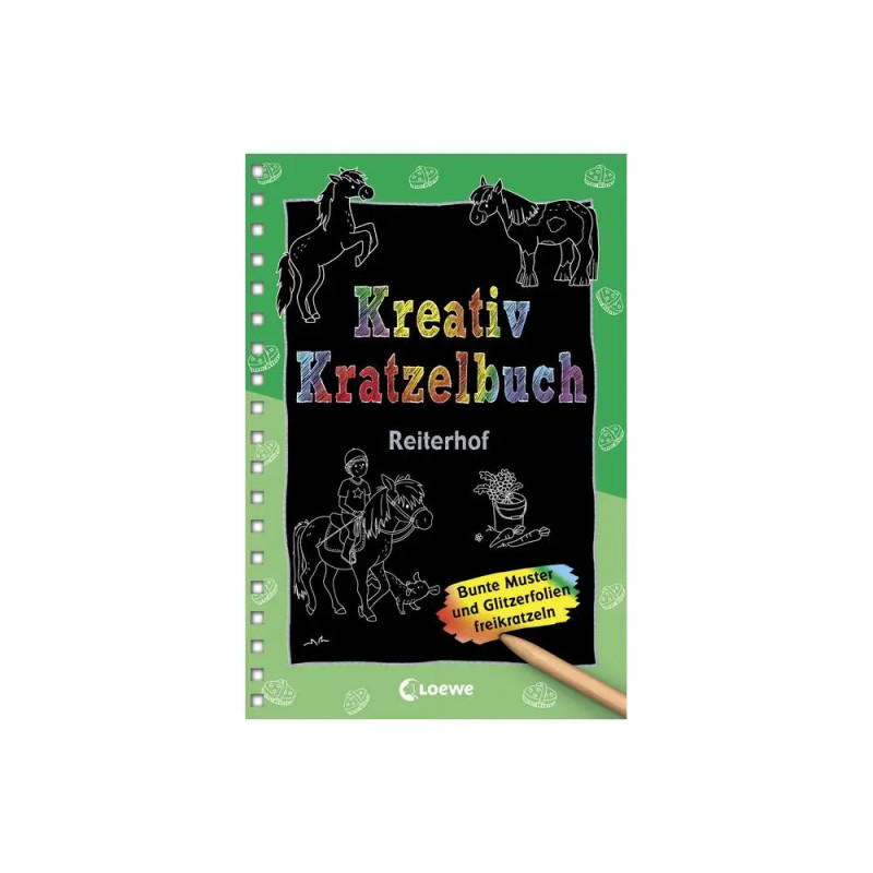 Cover des Kreativ Kratzelbuches Reiterhof mit Pferdezeichnungen auf grünem Hintergrund und Bleistift in der Ecke.