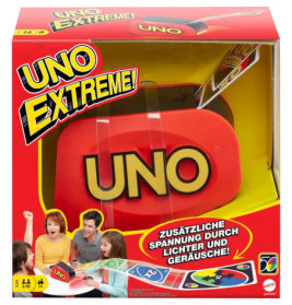 UNO Extreme Spielbox mit Kartenwerfer und abgebildeten, begeisterten Spielern auf der Verpackung.