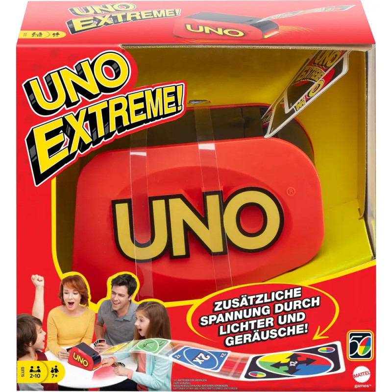 UNO Extreme Spielbox mit Kartenwerfer und abgebildeten, begeisterten Spielern auf der Verpackung.