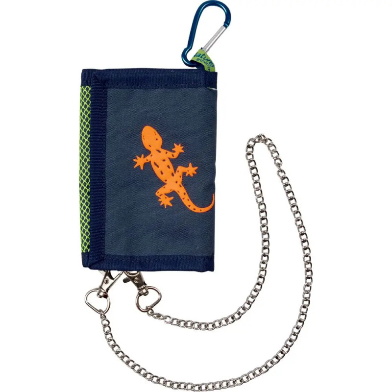 Dunkles Portemonnaie mit orangem Echsenmuster, Schlüsselanhänger, Silberkette und blauem Karabiner.
