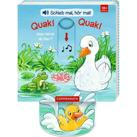 Gezeichnete Ente und Frosch am Teich, unten ein Entenküken, in der Mitte Noten.