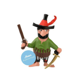 Spielzeug-Pirat mit schwarzem Hut, grünem Hemd, Schwert und Pistole steht auf weißem Hintergrund.