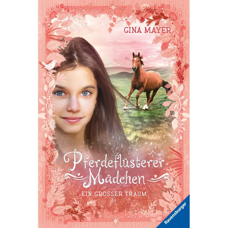Buchcover mit Mädchenporträt, Pferd und Landschaft deutscher Titel: Pferdeflüsterer Mädchen.