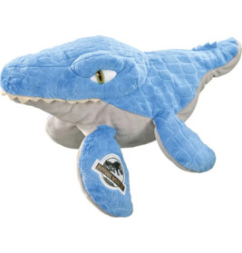 Blauer Mosasaurus-Plüsch mit Schuppenstruktur und Jurassic-World-Logo auf der Flosse.