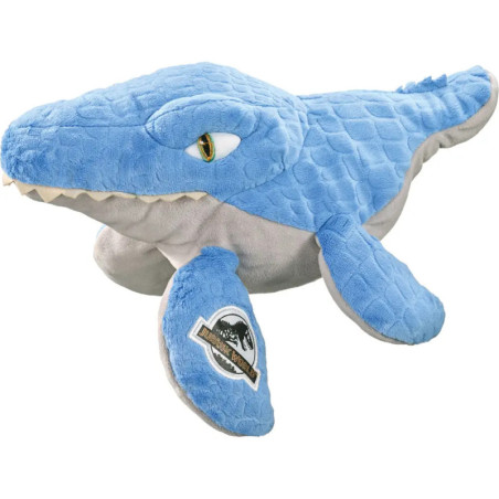 Blauer Mosasaurus-Plüsch mit Schuppenstruktur und Jurassic-World-Logo auf der Flosse.