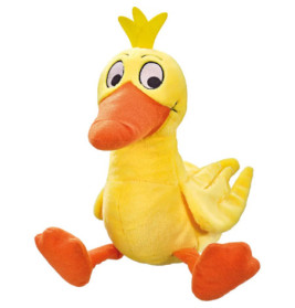 Gelbes Plüschentenküken mit orangem Schnabel, orangefarbenen Füßen und einer gelben Stoffquaste am Kopf.