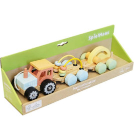 Holzspielzeug-Traktor mit zwei bunten Anhängern in grün-brauner SpielMaus-Verpackung.