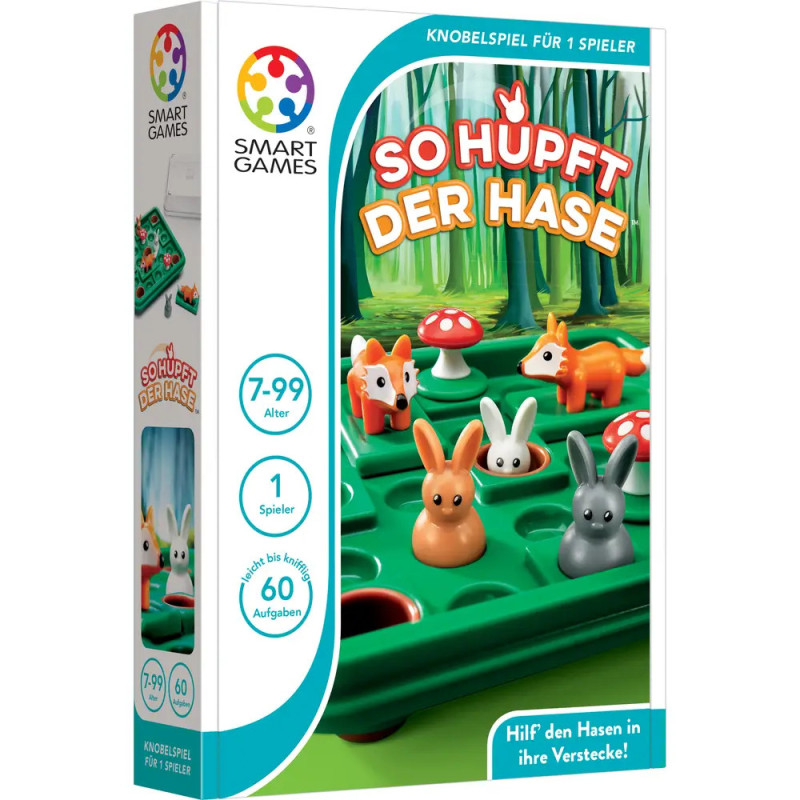 Spielkarton So hüpft der Hase mit Spielfiguren als Hasen und Pilzen auf einem waldthematischen Spielbrett.