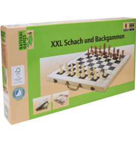 Box des XXL Schach- und Backgammon-Spiels mit Schachbrett, Figuren und Tragegriff.