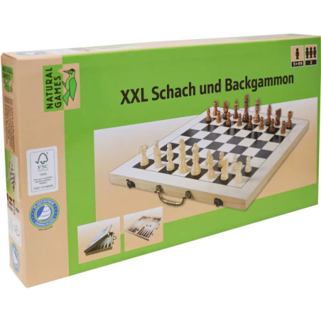 Box des XXL Schach- und Backgammon-Spiels mit Schachbrett, Figuren und Tragegriff.