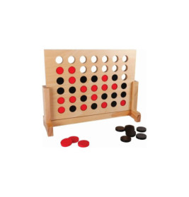 Ein Holz-Connect-Four mit roten und schwarzen Steinen, einige im Gitter, andere auf dem Tisch.