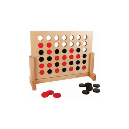 Ein Holz-Connect-Four mit roten und schwarzen Steinen, einige im Gitter, andere auf dem Tisch.