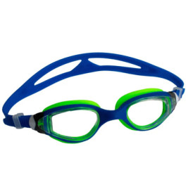 Blau-grüne Schwimmbrille mit klaren Gläsern und verstellbarem blauem Band.