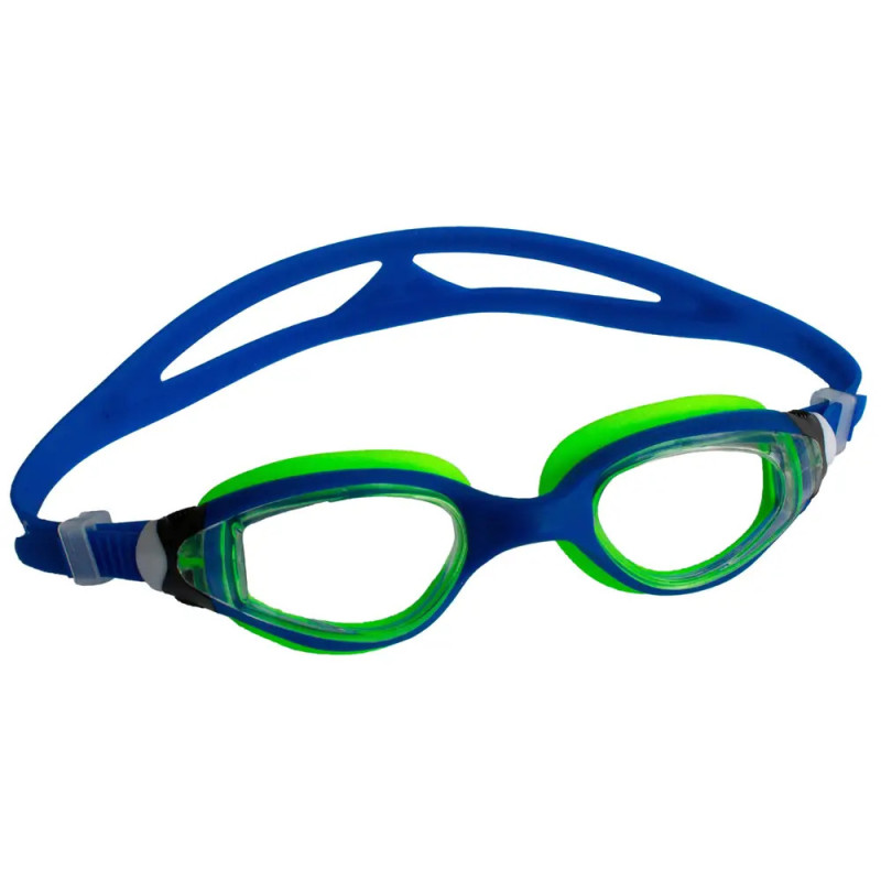 Blau-grüne Schwimmbrille mit klaren Gläsern und verstellbarem blauem Band.