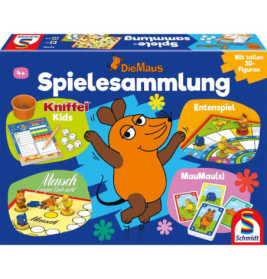 Blue Die Maus Spielesammlung Brettspielschachtel mit bunten Spielfiguren und Cartoon-Maus auf dem Cover.