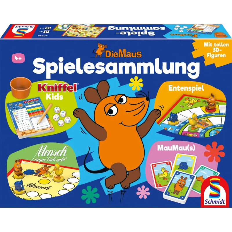 Blue Die Maus Spielesammlung Brettspielschachtel mit bunten Spielfiguren und Cartoon-Maus auf dem Cover.