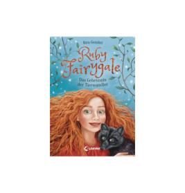 Buchcover: Eine rothaarige Jugendliche hält eine schwarze Katze vor blauem, mit Ranken bedecktem Hintergrund. Titel: Ruby Fairyg