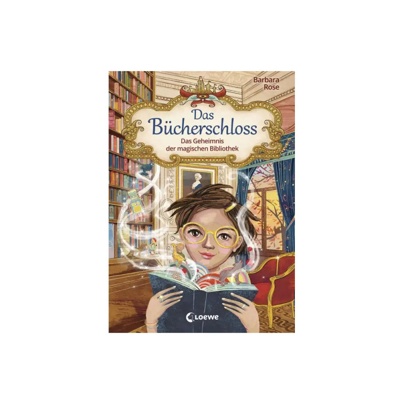 Ein Mädchen mit Brille liest ein magisches Buch in einer prachtvollen, farbenfrohen Bibliothek.