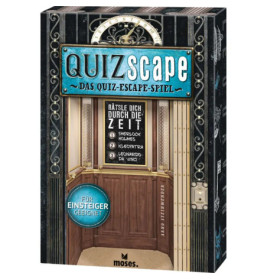 Quizscape: Das Quiz-Escape-Spiel, Spielschachtel mit Aufzug und deutschen Spieldetails auf der Vorderseite.