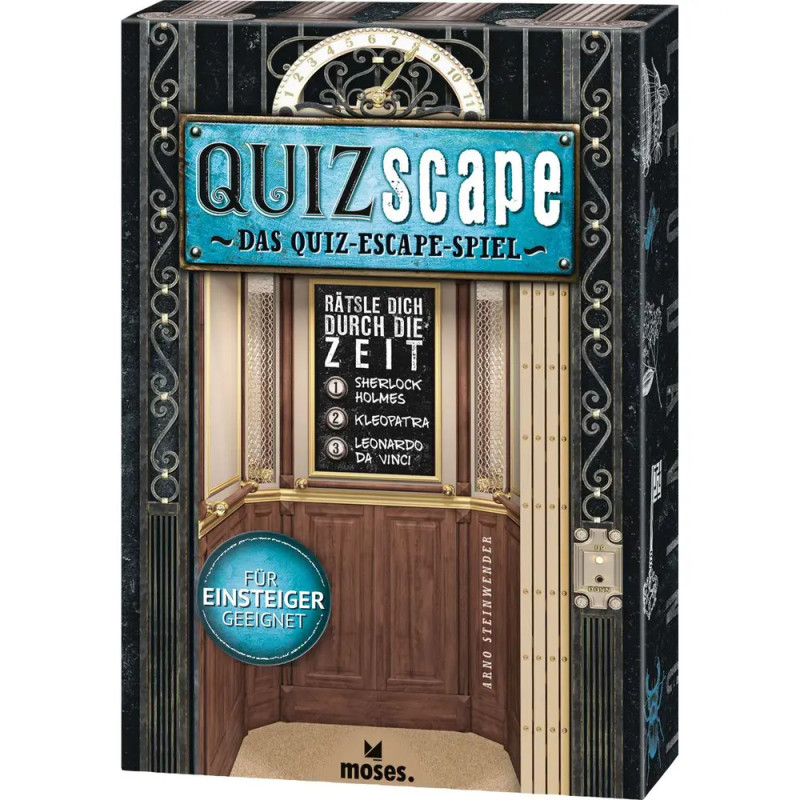 Quizscape: Das Quiz-Escape-Spiel, Spielschachtel mit Aufzug und deutschen Spieldetails auf der Vorderseite.