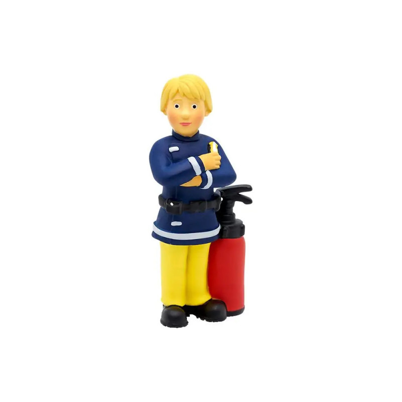 Cartoon-Feuerwehrmann mit blonden Haaren, blauer Uniform und gelber Hose steht neben einem roten Feuerlöscher. Cartoon-Feuerwehrmann mit blonden Haaren, blauer Uniform und gelber Hose steht neben einem roten Feuerlöscher.